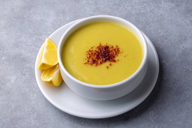 Traditional delicious Turkish foods; Red lentil soup (Turkish name; Mercimek corbasi)