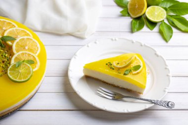 Lezzetli görünümlü limonlu cheesecake. Yemek konsepti fotoğrafı.