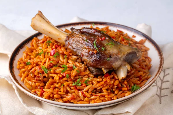 stock image Local Turkish food; Lamb on barley noodle. Turkish name; Ankara Tava or incik