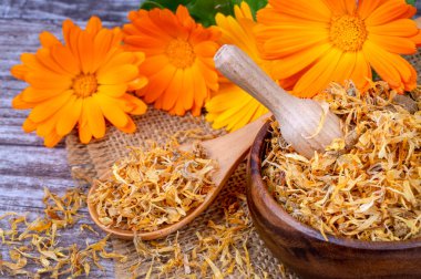 Taze ve kuru calendula officinalis bitkisel çiçekler