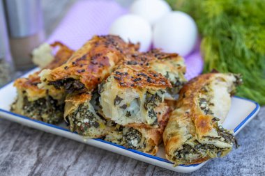 (Türkçe: Ispanakli Kol Boregi, Bosnak boregi). Ispanaklı el yapımı hamur işi..