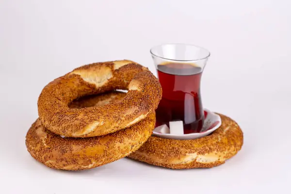 Traditional delicious Turkish bagel and Turkish tea