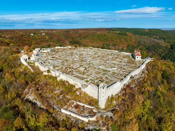 stock image Aerial view from  ancient castle fortress from 8th century on top of a green hill in Shumen, Bulgaria.