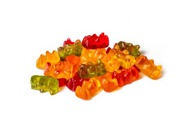 Beyaz arka planda izole edilmiş renkli jelibon ayıcıkları koleksiyonu. Jelibon..