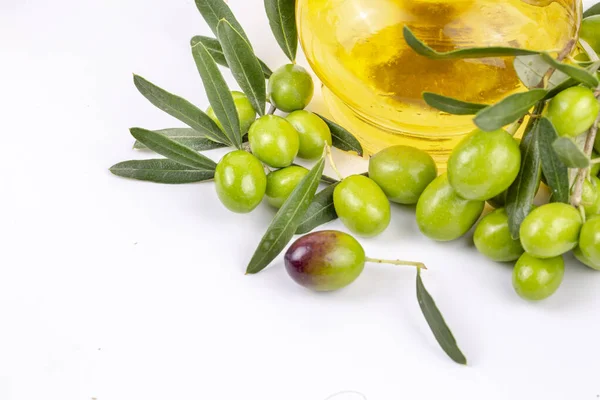 Green olive and olive oil isolated