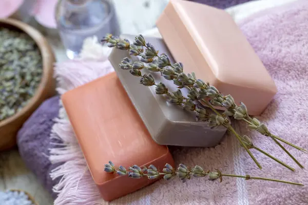 Dried lavender flowers and lavender soap