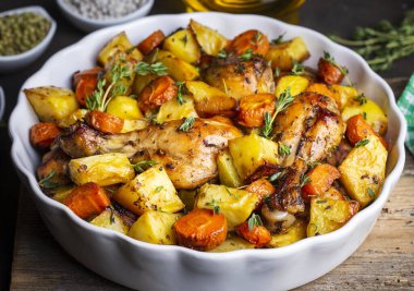 Baked chicken thighs and fried potatoes look delicious.
