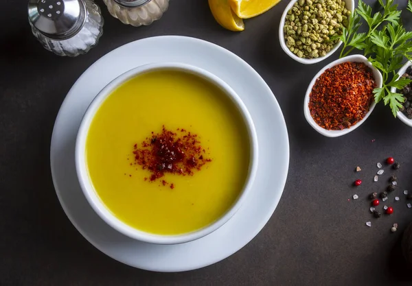 Traditional delicious Turkish foods; Red lentil soup (Turkish name; Mercimek corbasi)