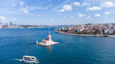 Istanbul - Turkey, September 8, 2021, Aerial Drone View of Maiden's Tower in Uskudar Istanbul - Kiz Kulesi, Turkey
