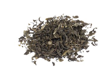 Dried green tea on the white background