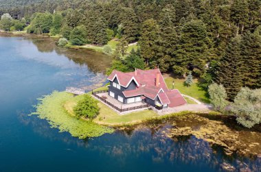 Aerial view of wooden Lake house inside forest in Bolu Golcuk National Park.Bolu Golcuk National Park Aerial Photo,Turkey