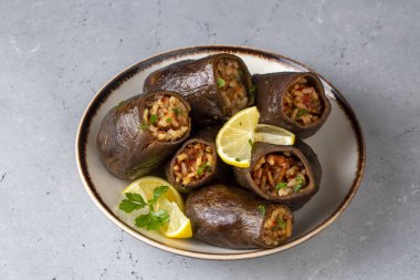 Geleneksel lezzetli Türk yemekleri; kurutulmuş patlıcan dolmasi (Türkçe: Kuru patlıcan dolmasi))