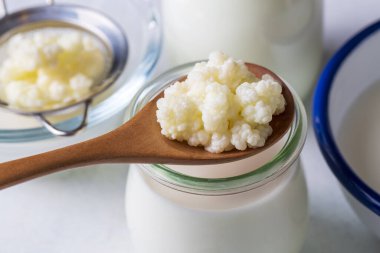 Kefir, kefir taneli mayalanmış süt içeceği. Ev yapımı kefir bir bardakta duruyor, kefir taneleri ve sütün yanında.