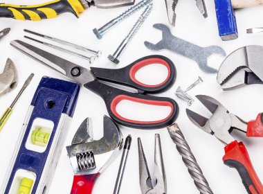 Various type of tools on white background