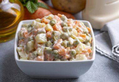 Russian salad, Olivier salad with mayonnaise and egg served (Turkish name; Rus salatasi)