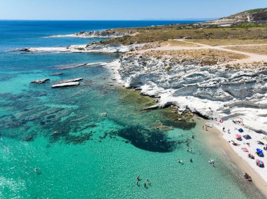 Alacati Beach in Cesme Town, Delikli koy aerial view with drone