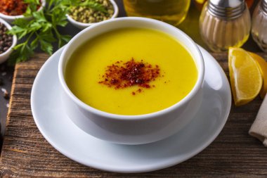 Traditional delicious Turkish foods; Red lentil soup (Turkish name; Mercimek corbasi)