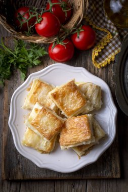 Lezzetli Türk tepsisi pastası, peynirli su boregi. Adana borek.