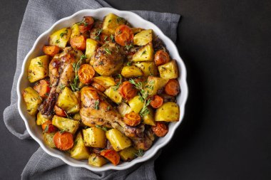 Baked chicken thighs and fried potatoes look delicious.