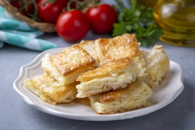 Lezzetli Türk tepsisi pastası, peynirli su boregi. Adana borek.