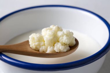 Kefir, kefir taneli mayalanmış süt içeceği. Ev yapımı kefir bir bardakta duruyor, kefir taneleri ve sütün yanında.