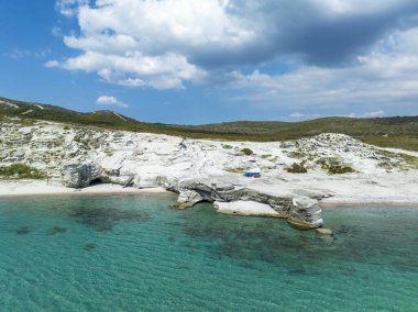 Alacati Beach in Cesme Town, Delikli koy aerial view with drone