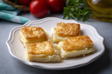 Lezzetli Türk tepsisi pastası, peynirli su boregi. Adana borek.