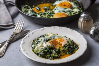 Yumurtalı Türk yemeği ıspanağı. Türkçe adı: ispanakli yumurta