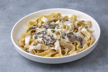 Mantar ve krema soslu ev yapımı İtalyan fettuccine makarna (Fettuccine al Funghi Porcini). Geleneksel İtalyan mutfağı.