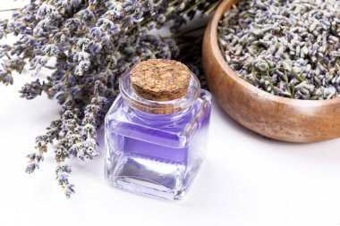 Temel lavanta çiçeği yağı ve kurutulmuş lavanta çiçekleri..