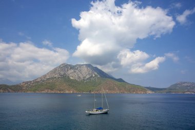 Adrasan, Kemer / Antalya, 4 Ekim 2019, Antalya ilinin Kemer ilçesindeki Akdeniz kıyısı boyunca Adrasan Sahili 'nden deniz manzarası