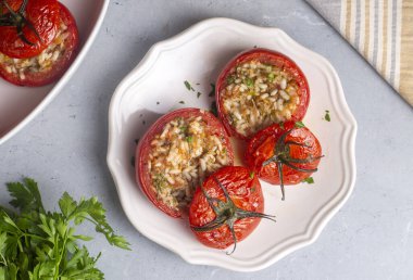 Traditional Turkish food; Stuffed tomatoes with olive oil stuffed with rice