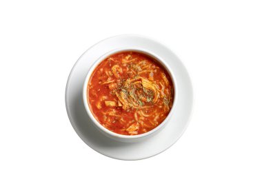 Chicken noodle soup with tomato. Turkish name; Domatesli tavuklu sehriye corbasi