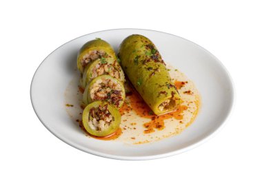 Geleneksel Türk mutfağından alınmış et ile doldurulmuş kabak. Türkçe adı: etli kabak dolmasi