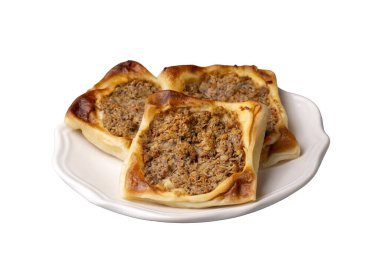 Geleneksel lezzetli Türk yemekleri; Türkiye 'nin kıymalı Kaytaz pastası Hatay - Antakya bölgesi (Türkçe adı: Kaytaz boregi)