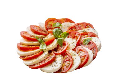 Dilimlenmiş domates, mozzarella, fesleğen, zeytin yağı ile İtalyan Caprese salatası