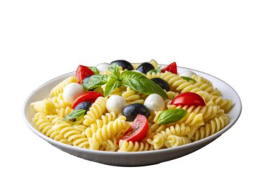İtalyan soğuk makarna salatası ya da makarna fredda alla caprese. Tam üstte. Fusilli, domates, mozzarella, zeytin, roka. Türk ismi; burgu makarna salatasi