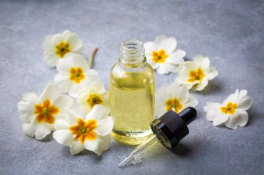 Organik kozmetik ürünleri, Primula doğal yağı, el yapımı bitkisel ve çiçekli cam şişeler.