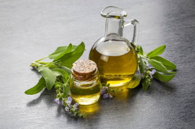 Salvia Officinalis esaslı yağ, adaçayı yağı ve taze adaçayı yaprakları sıralanmıştır.