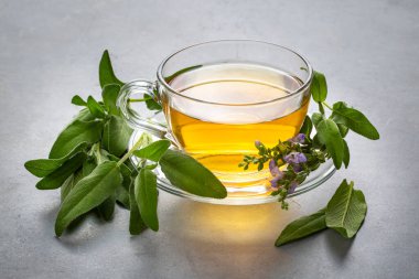 Bir fincan aromatik adaçayı ve taze yapraklar.