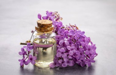 Leylak yağı. Leylak çiçekli spa yağı. Aroma yağı ve leylak çiçekli bir şişe.