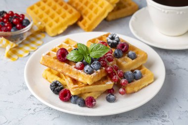 Lezzetli taze Belçika waffle 'ı böğürtlen ve meyveli