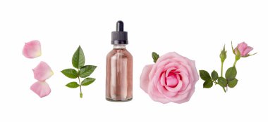 Bir şişe gül yağı ve çiçek.