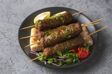 Kızarmış lula kebabı taze sebzelerle servis edilir. Yunan kebabı ya da şiş köfteler.