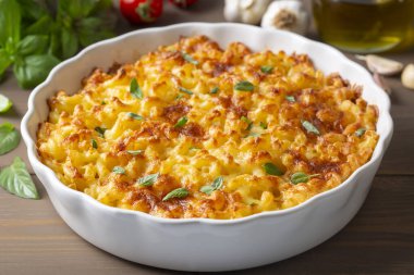 Geleneksel Kuzey Amerika yemeği. Peynirli fırında makarna..