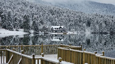 Bolu Golcuk Milli Parkı, Türkiye 'de karlı bir kış gününde göl ahşap evi