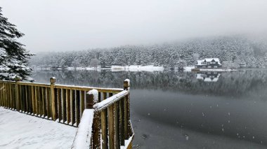 Bolu Golcuk National Park, lake wooden house on a snowy winter day in the forest in Turkey clipart