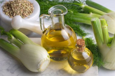 Rezene önemli petrol taze yeşil rezene twigs ve rezene tohum içinde belgili tanımlık geçmiş ile bir şişe