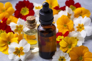 Organik kozmetik ürünleri, Primula doğal yağı, el yapımı bitkisel ve çiçekli cam şişeler.