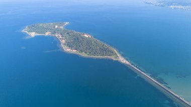 Aerial drone view of Urla district of Izmir, Turkey's third largest city. Iskele - Karantina island - Turkey